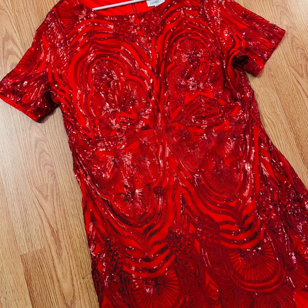 Red Sequence Dress With Sheer Bottom. - image 3